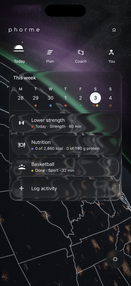 Today in the phorme app: the session, the food and an activity in one list